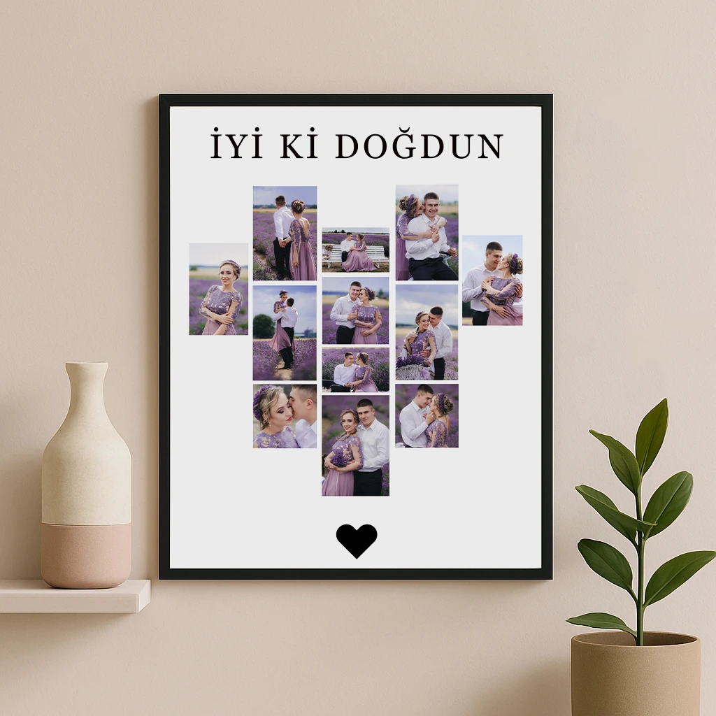 İyi Ki Doğdun Kalpli 12 Fotoğraflı Kolaj Çerçeve – 40x55 cm
