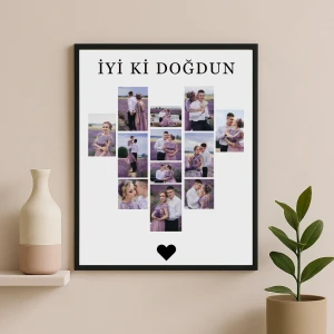 İyi Ki Doğdun <br>Kalpli 12 Fotoğraflı Kolaj Çerçeve – 40x55 cm
