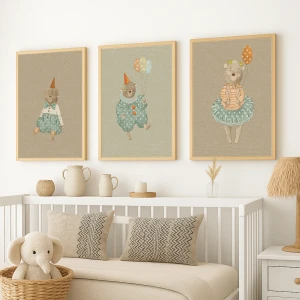 Ayıcık Kostümlü 3’lü Ahşap Çerçeve Seti – Bebek Odası Duvar Dekoru (30x40 cm)
