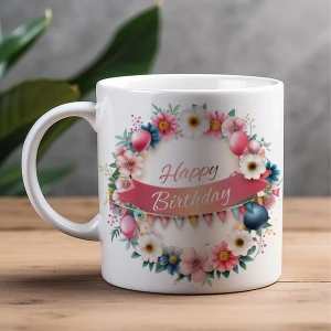 Fotoğraflı ve Çiçek Tasarımlı Kupa – Doğum Günü Temalı