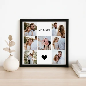 Mr & Mrs <br>Yazılı 7 Fotoğraflı Kalpli Çerçeve  25x25 cm